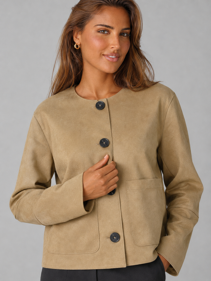 Tan Faux Suede Cropped Jacket with Patch Pockets