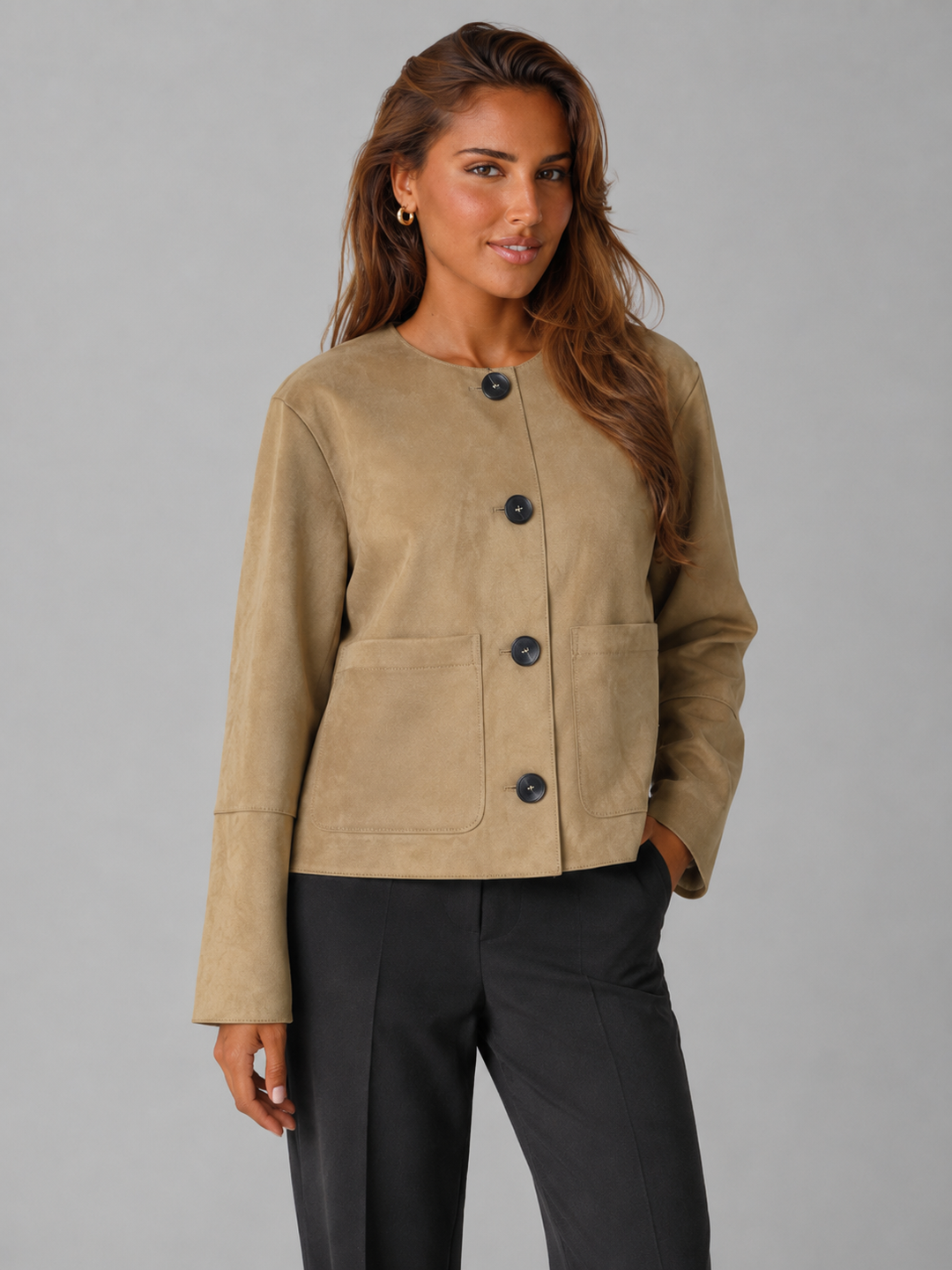 Tan Faux Suede Cropped Jacket with Patch Pockets