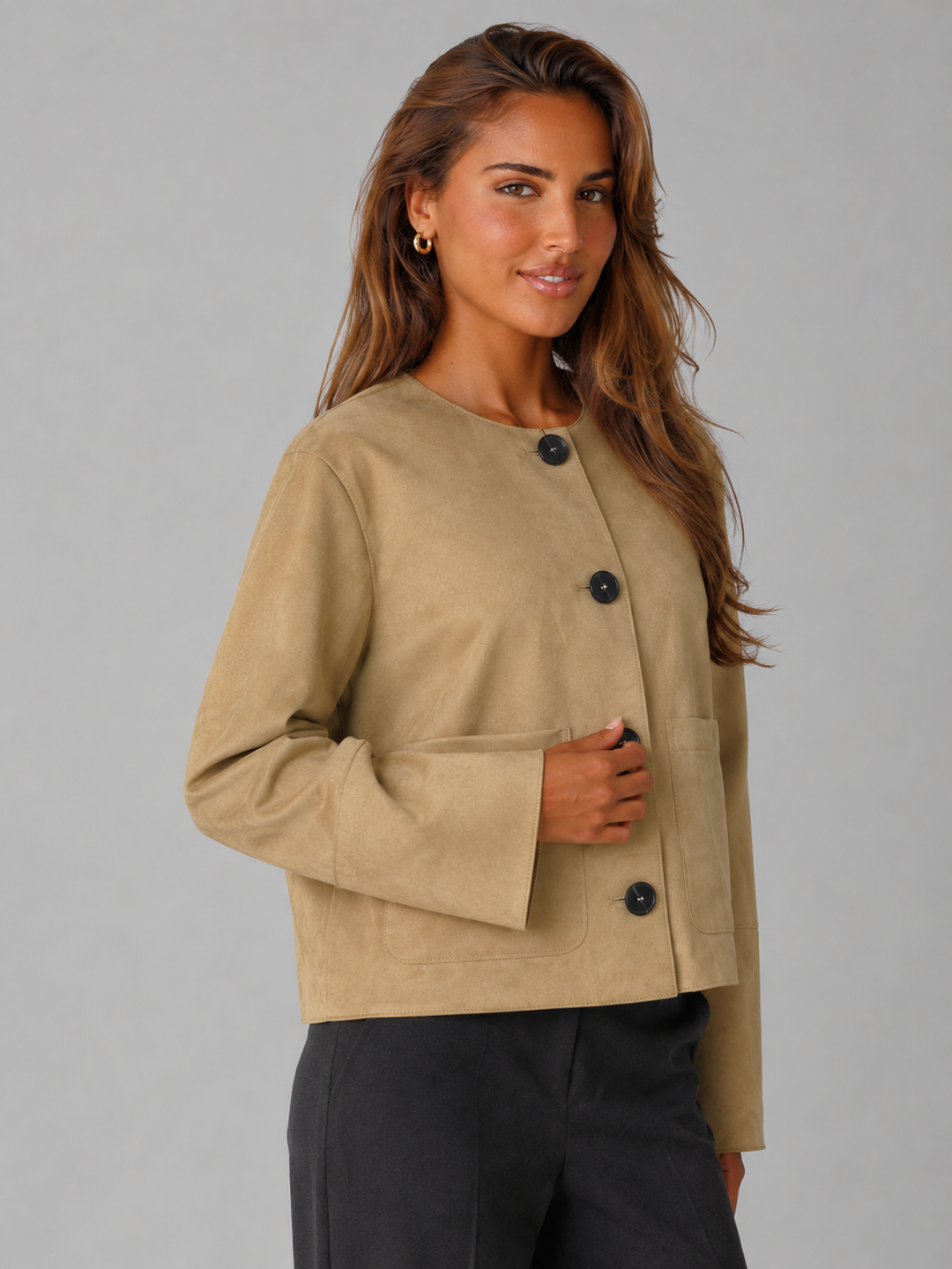 Tan Faux Suede Cropped Jacket with Patch Pockets
