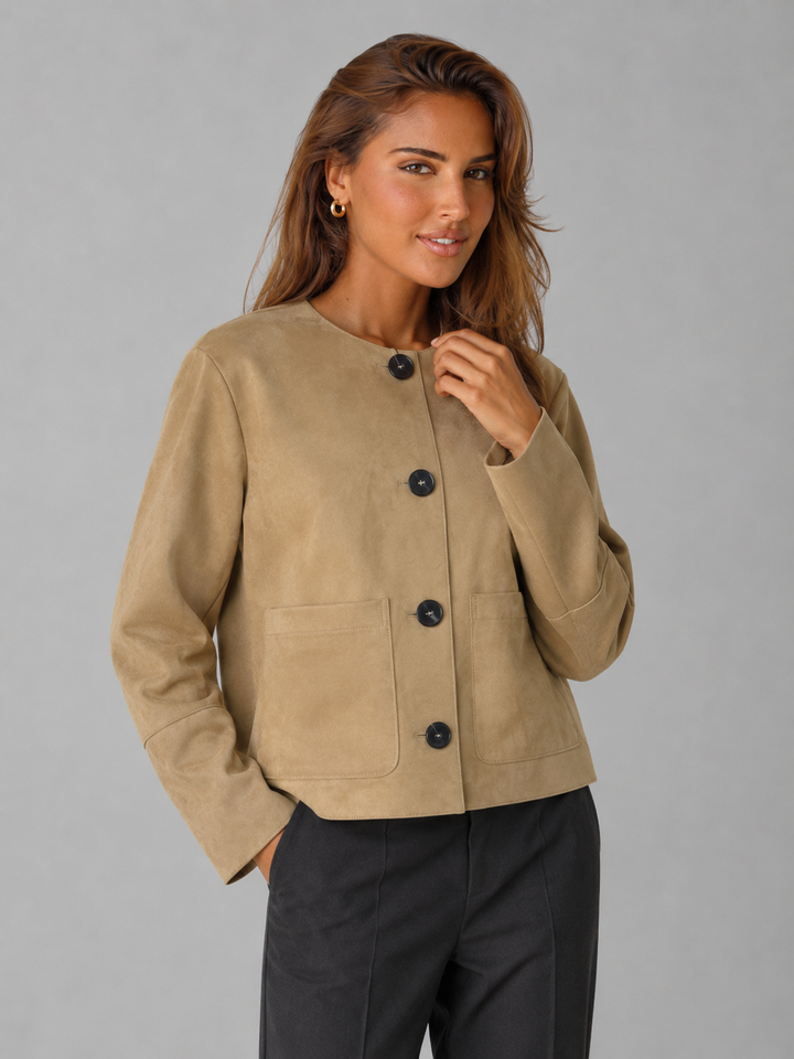 Tan Faux Suede Cropped Jacket with Patch Pockets