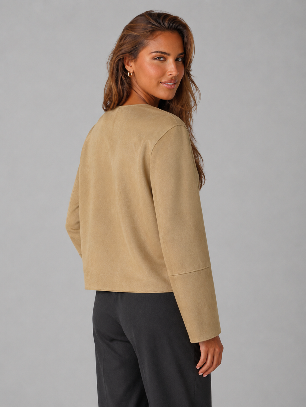 Tan Faux Suede Cropped Jacket with Patch Pockets