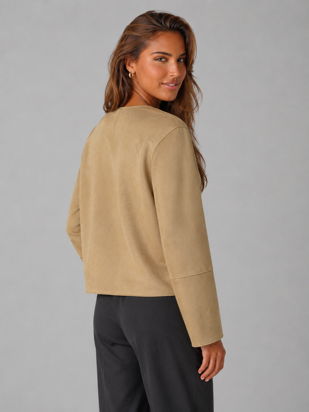 Tan Faux Suede Cropped Jacket with Patch Pockets