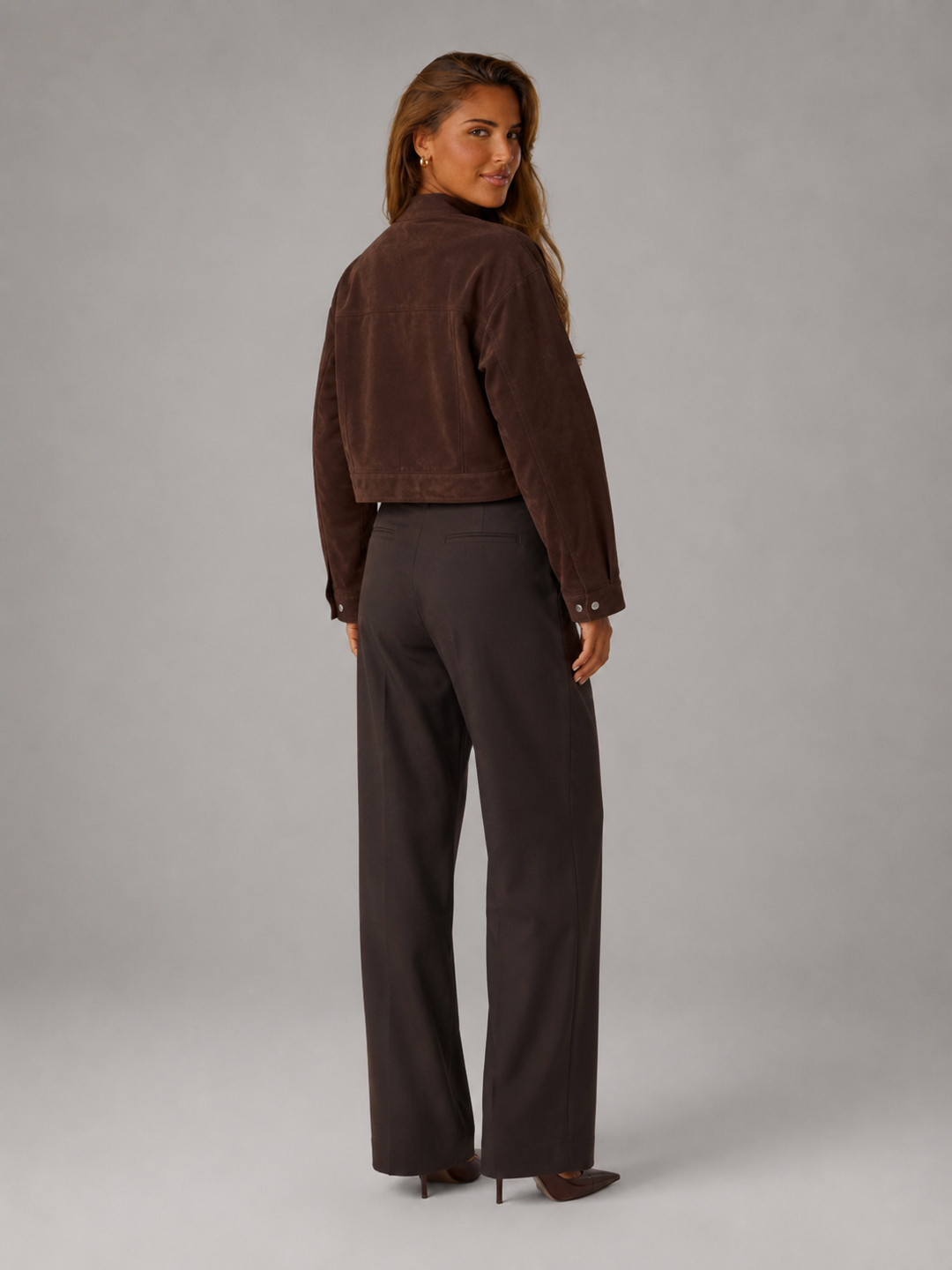 Brown Faux Suede Cropped Utility Jacket