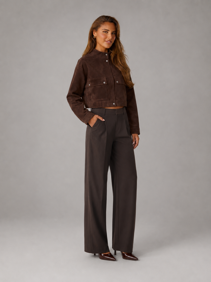 Brown Faux Suede Cropped Utility Jacket