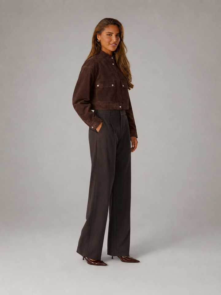 Brown Faux Suede Cropped Utility Jacket