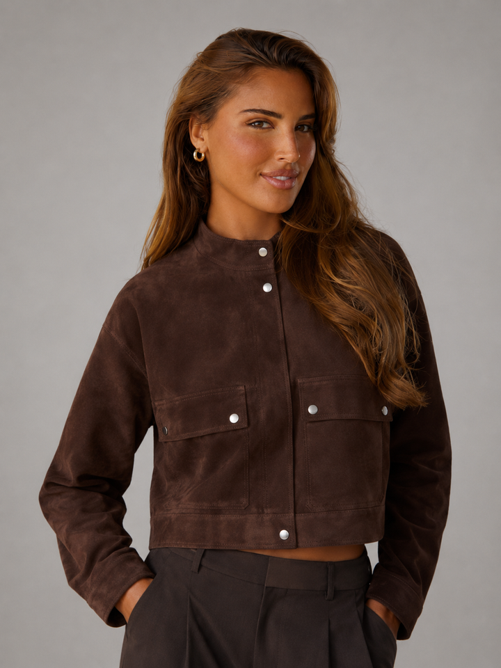 Brown Faux Suede Cropped Utility Jacket