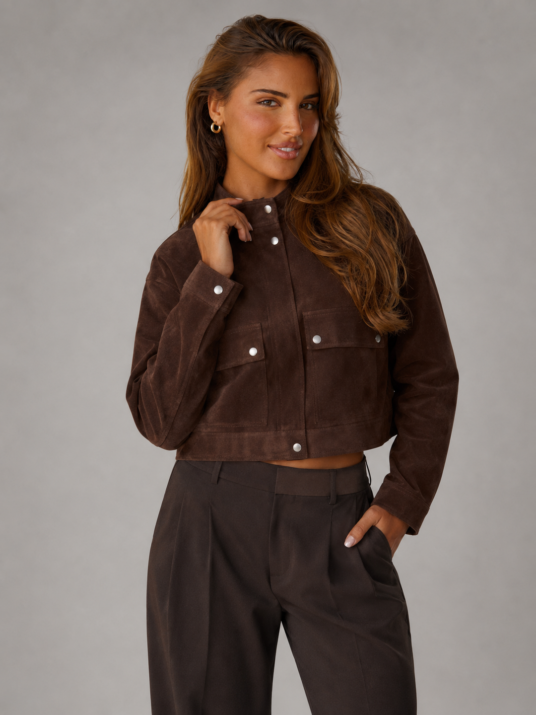 Brown Faux Suede Cropped Utility Jacket