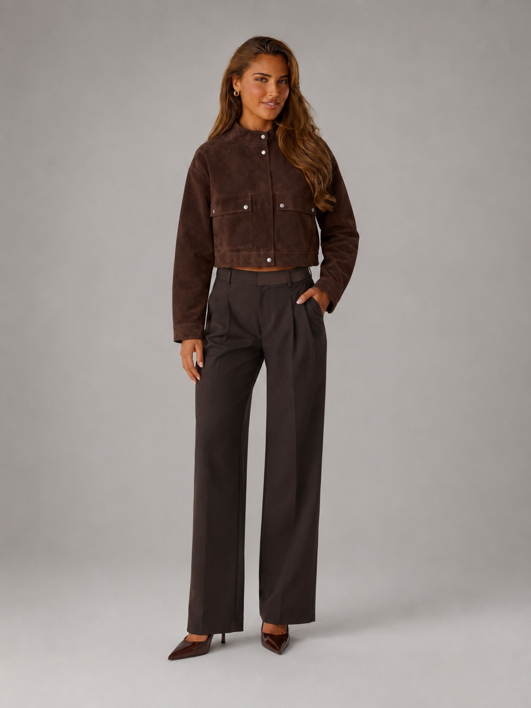 Brown Faux Suede Cropped Utility Jacket