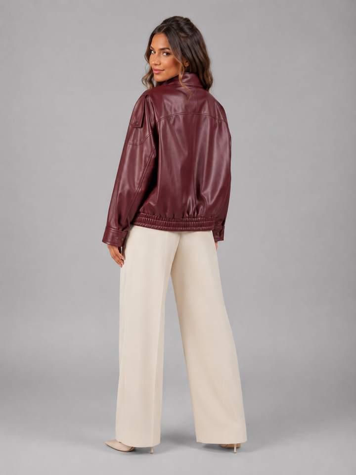 Faux Leather Bomber Jacket with Ribbed Trims