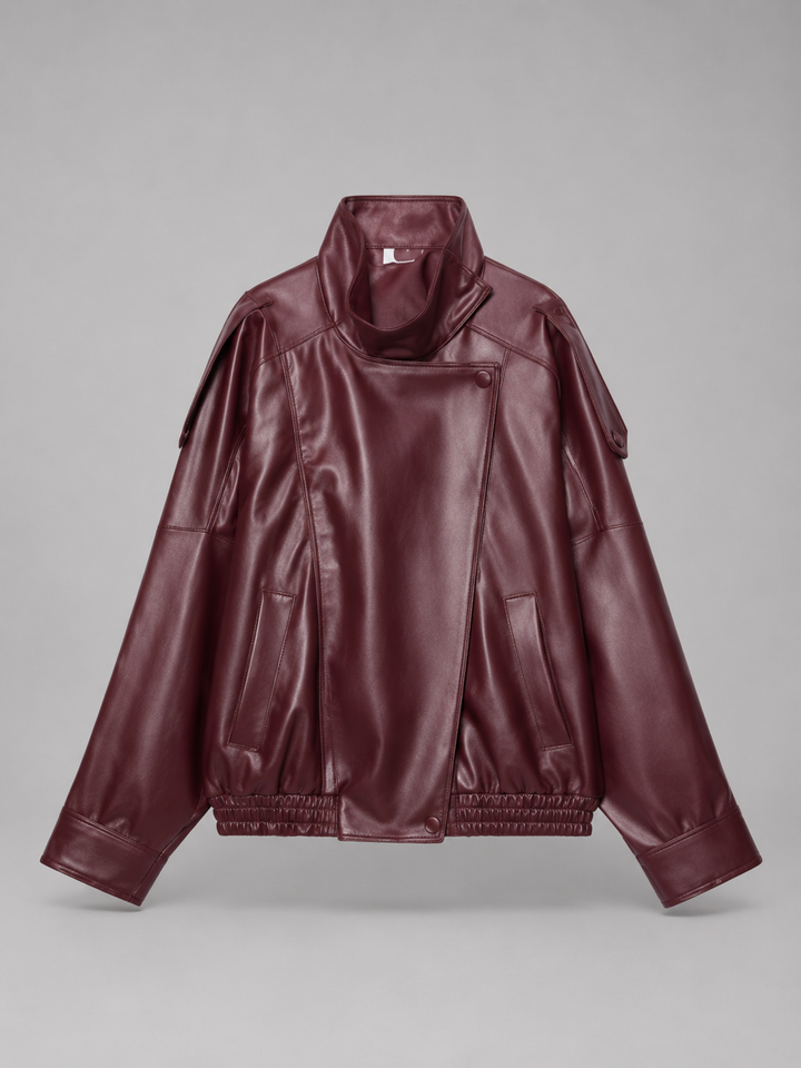 Faux Leather Bomber Jacket with Ribbed Trims