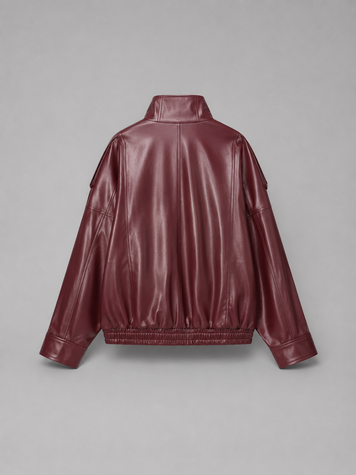 Faux Leather Bomber Jacket with Ribbed Trims
