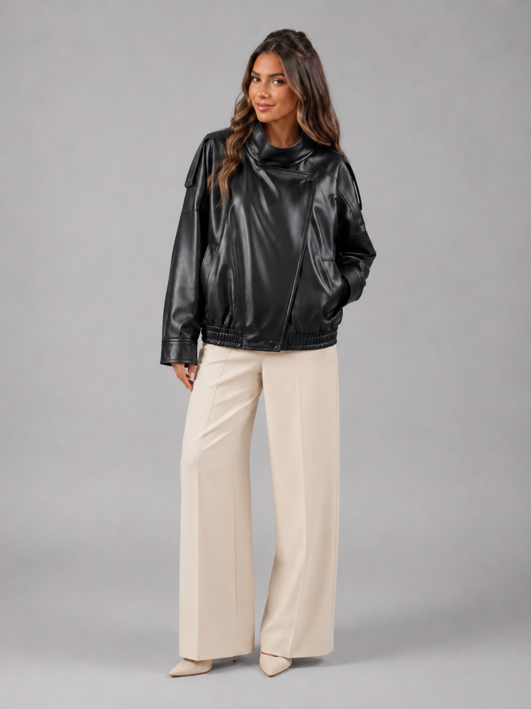 Faux Leather Bomber Jacket with Ribbed Trims