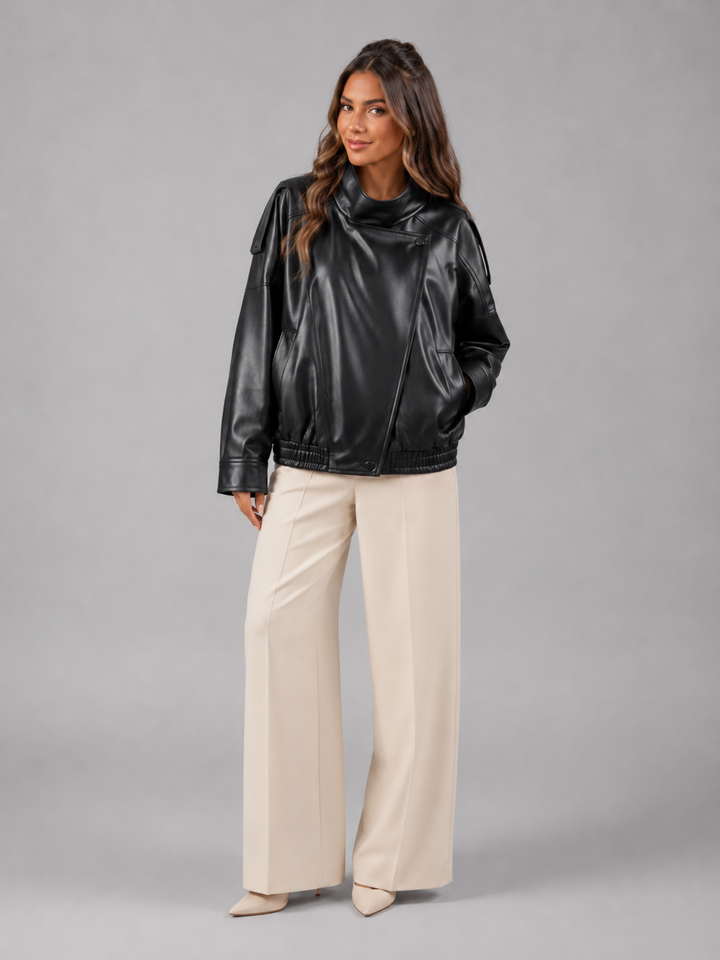 Faux Leather Bomber Jacket with Ribbed Trims