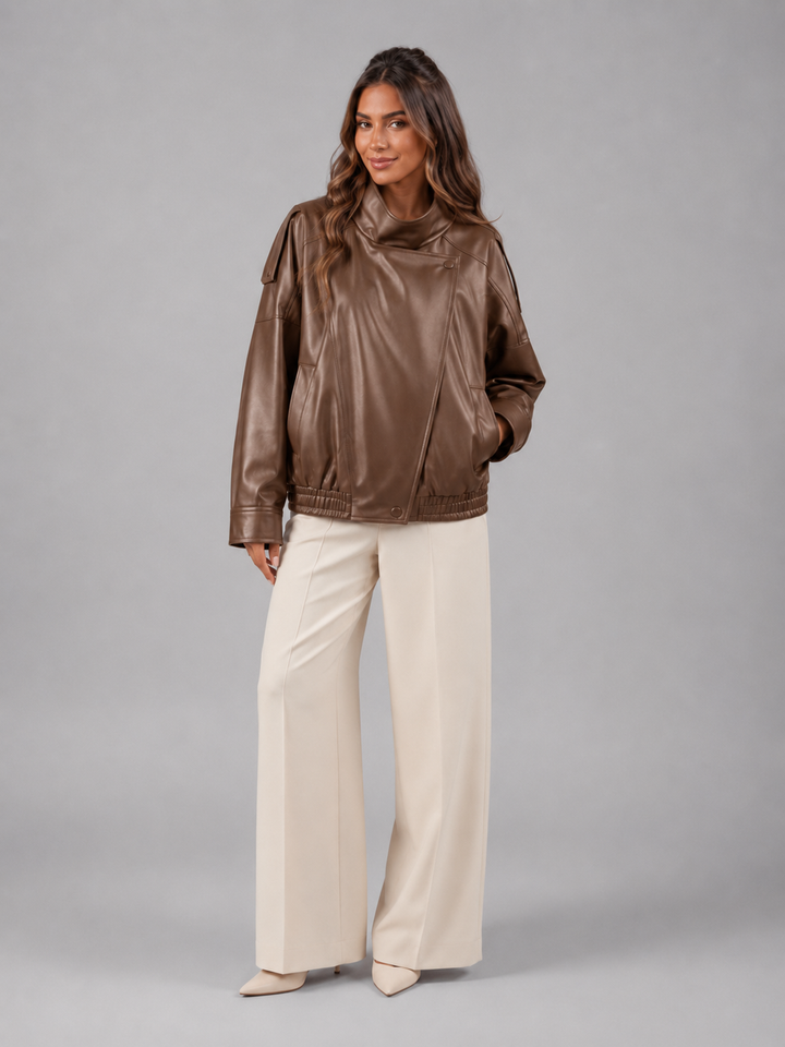 Faux Leather Bomber Jacket with Ribbed Trims