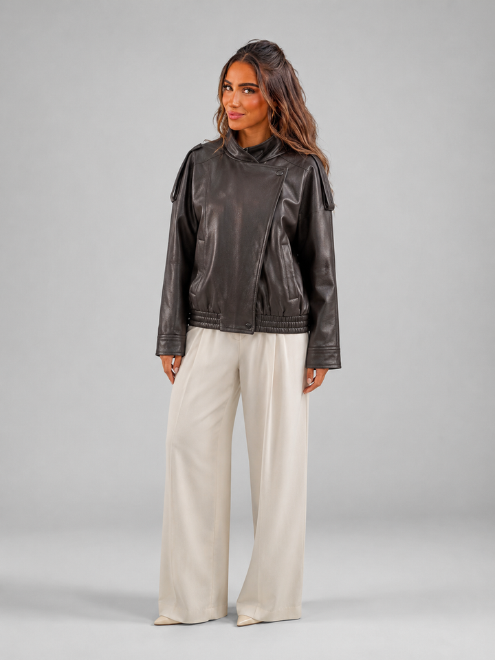 Faux Leather Bomber Jacket with Ribbed Trims