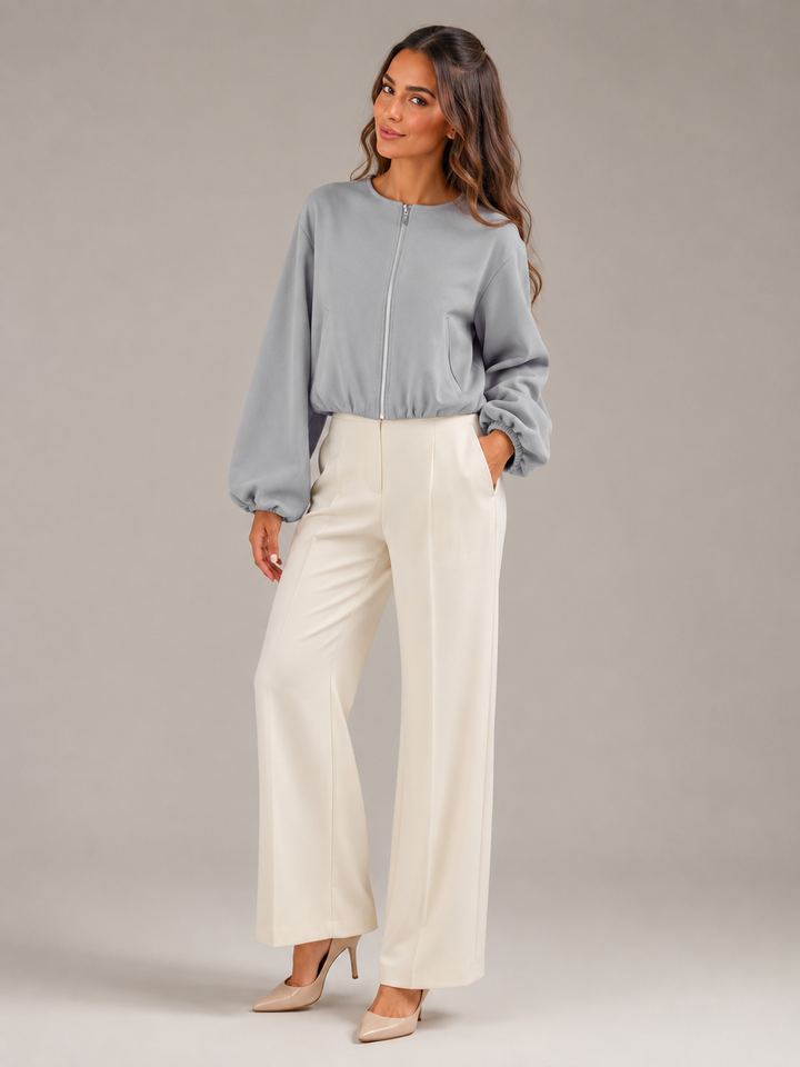 Cropped Zip Bomber Jacket with Balloon Sleeves