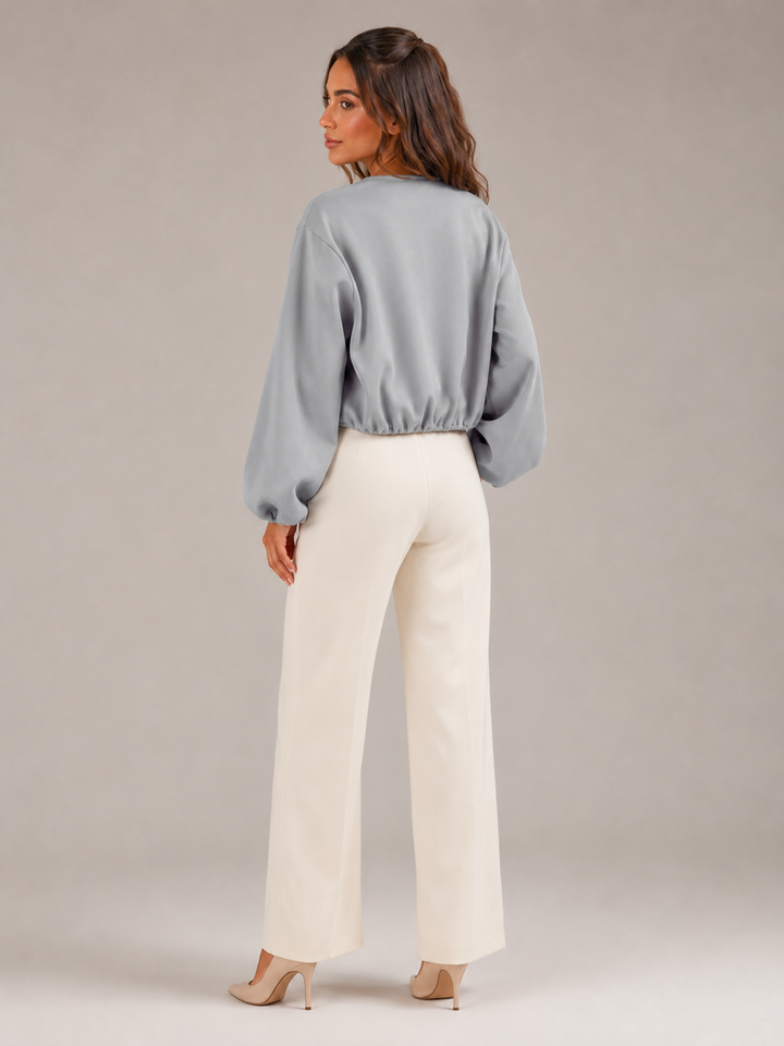 Cropped Zip Bomber Jacket with Balloon Sleeves