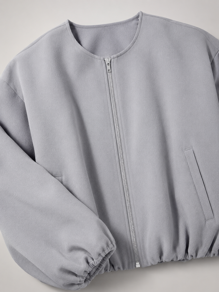 Cropped Zip Bomber Jacket with Balloon Sleeves