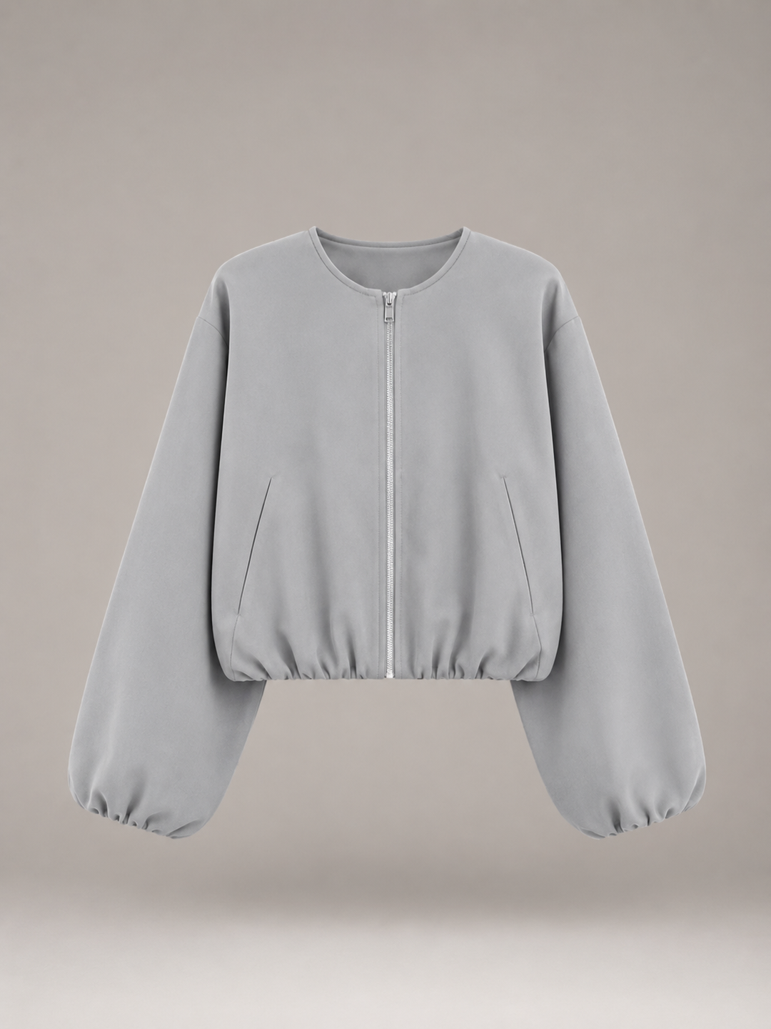 Cropped Zip Bomber Jacket with Balloon Sleeves