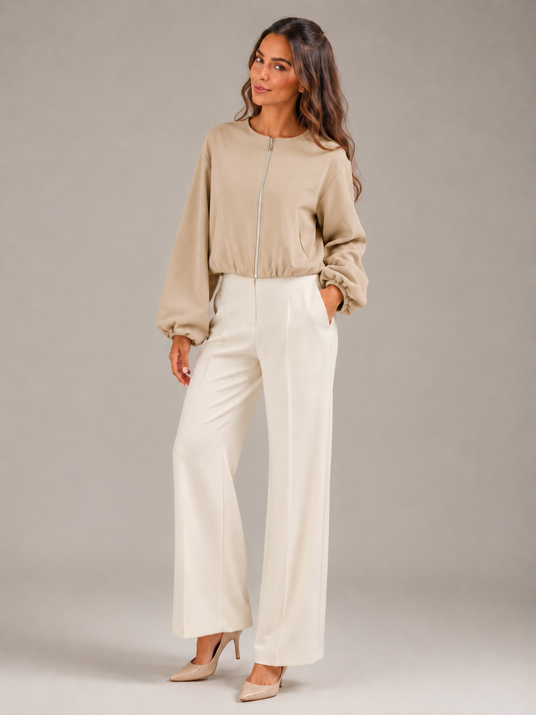 Cropped Zip Bomber Jacket with Balloon Sleeves