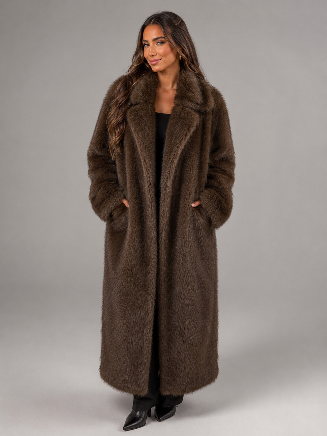 Long Faux Fur Coat with Notched Collar