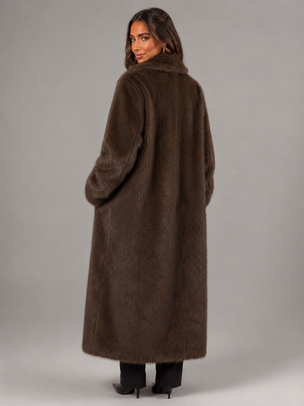 Long Faux Fur Coat with Notched Collar
