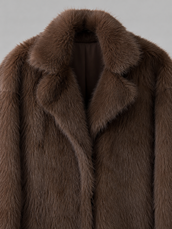 Long Faux Fur Coat with Notched Collar