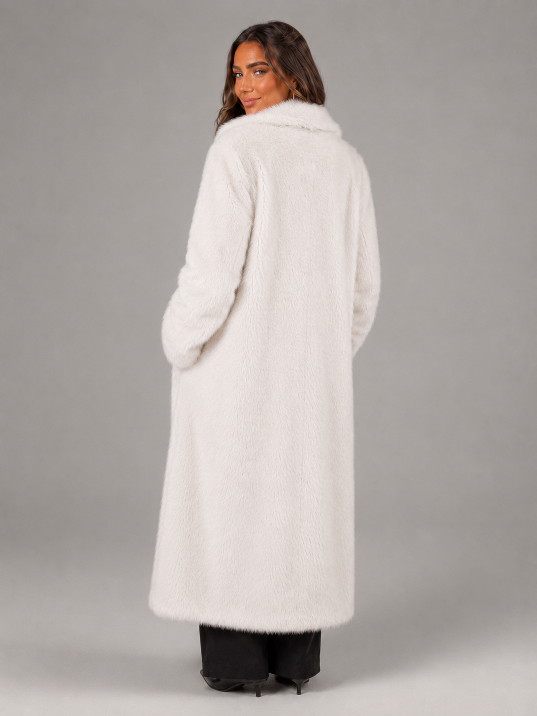 Long Faux Fur Coat with Notched Collar