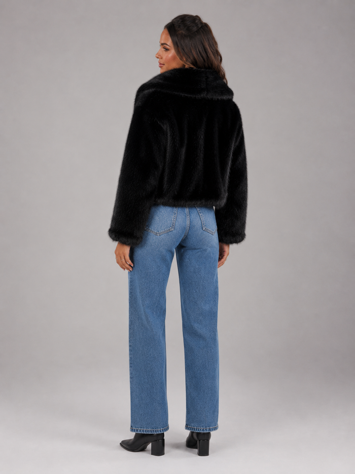 Cropped Faux Fur Jacket with Oversized Shawl Collar