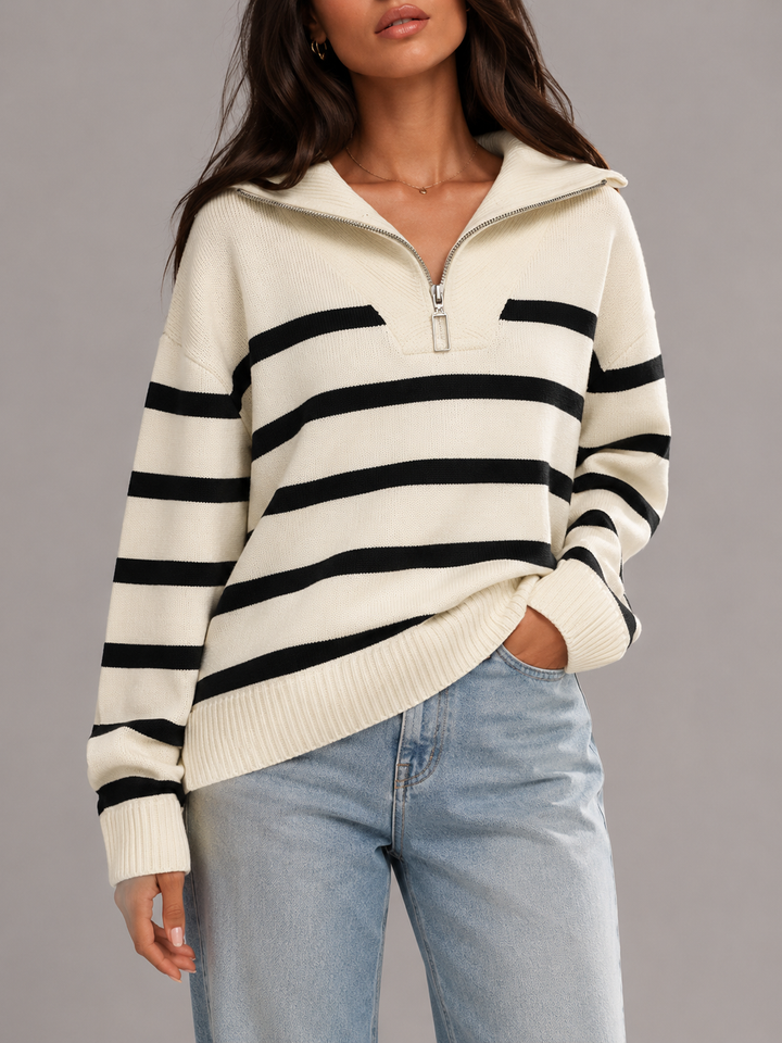 Striped Knit Half-Zip Sweater with Stand Collar