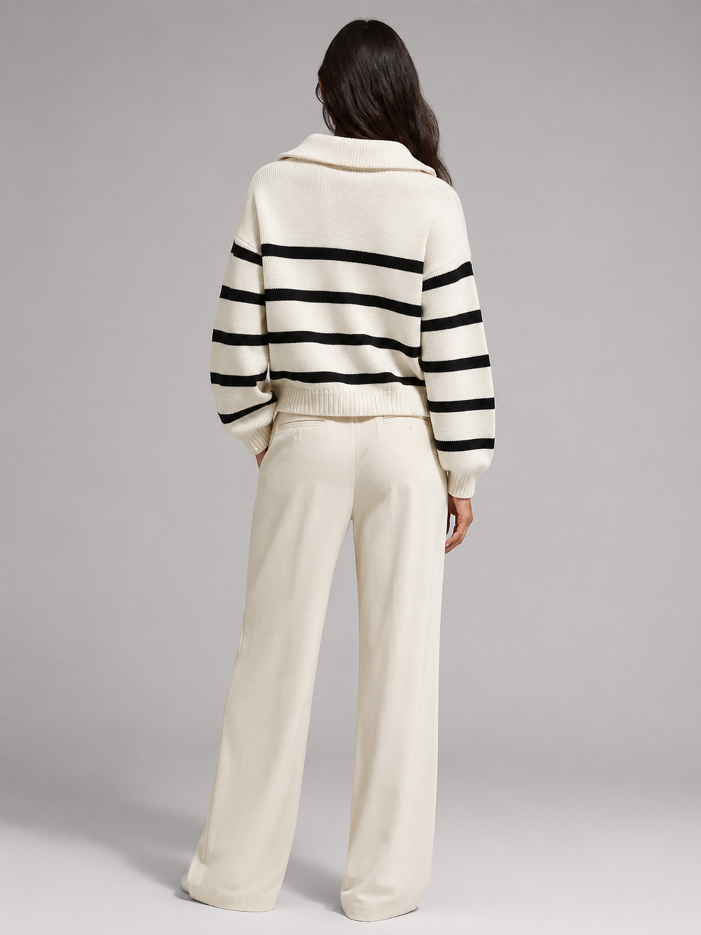 Striped Knit Half-Zip Sweater with Stand Collar