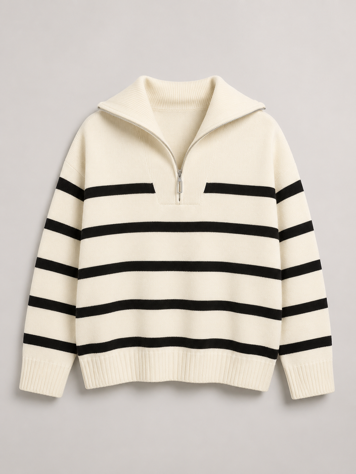 Striped Knit Half-Zip Sweater with Stand Collar