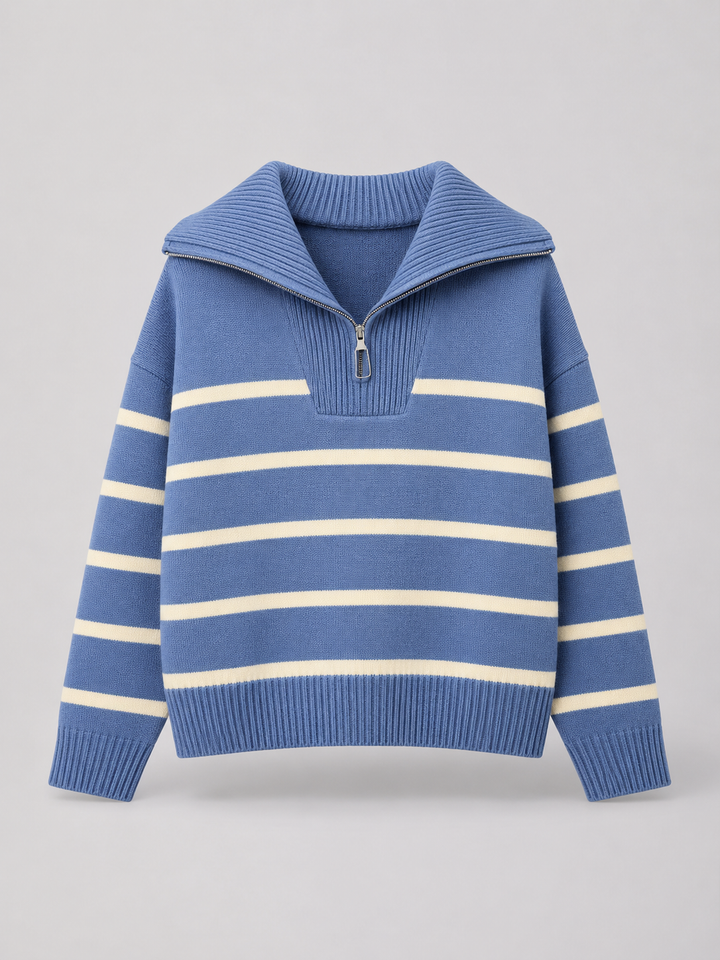 Striped Knit Half-Zip Sweater with Stand Collar