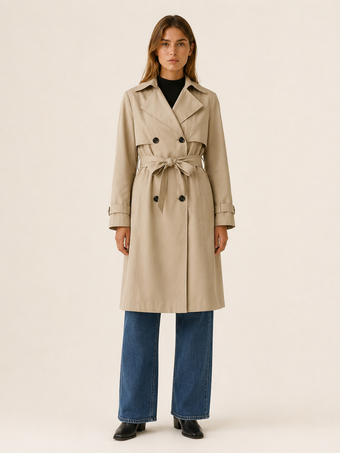 Melisande™ | Long Double-Breasted Trench with Tie Waist