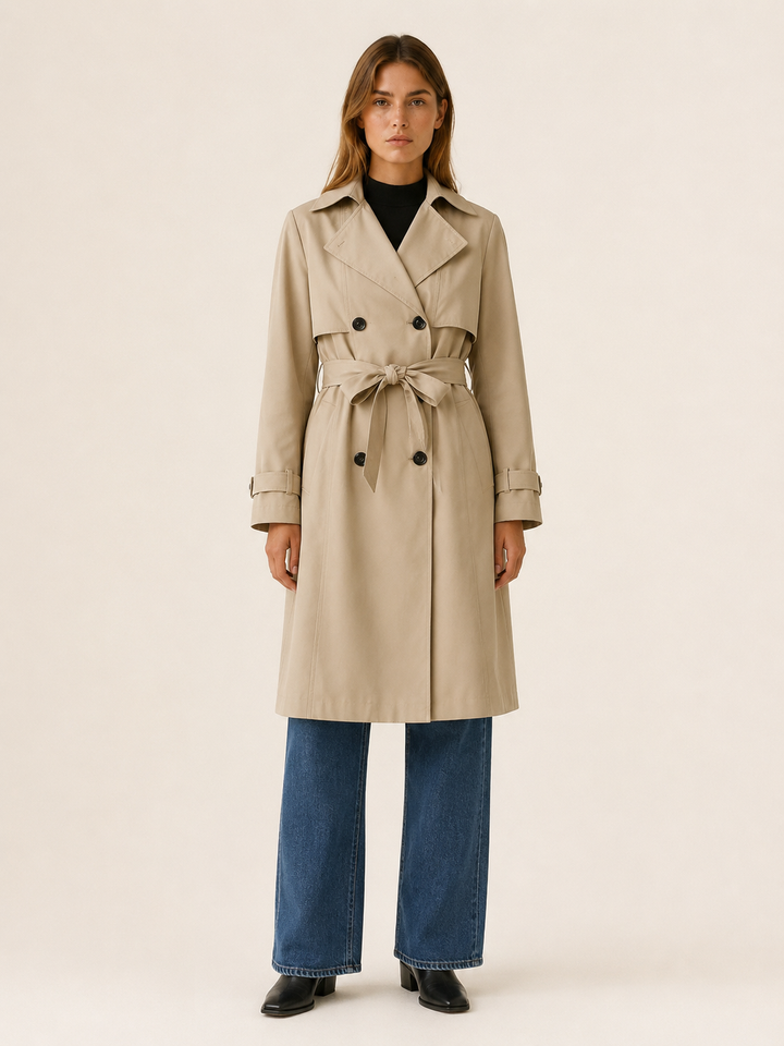 Melisande™ | Long Double-Breasted Trench with Tie Waist