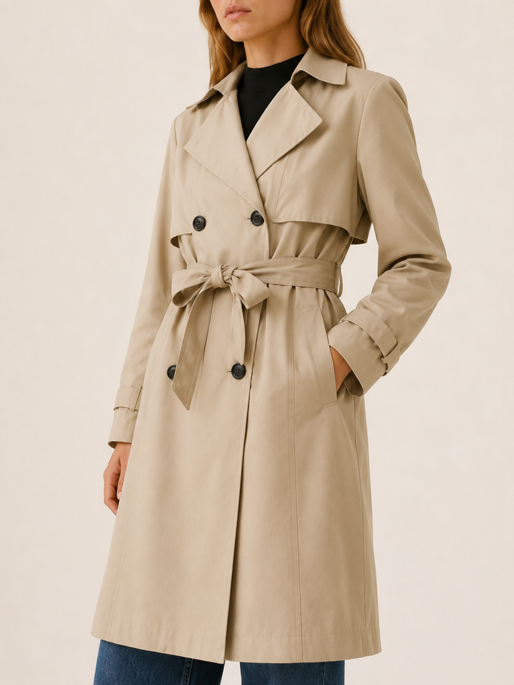 Melisande™ | Long Double-Breasted Trench with Tie Waist