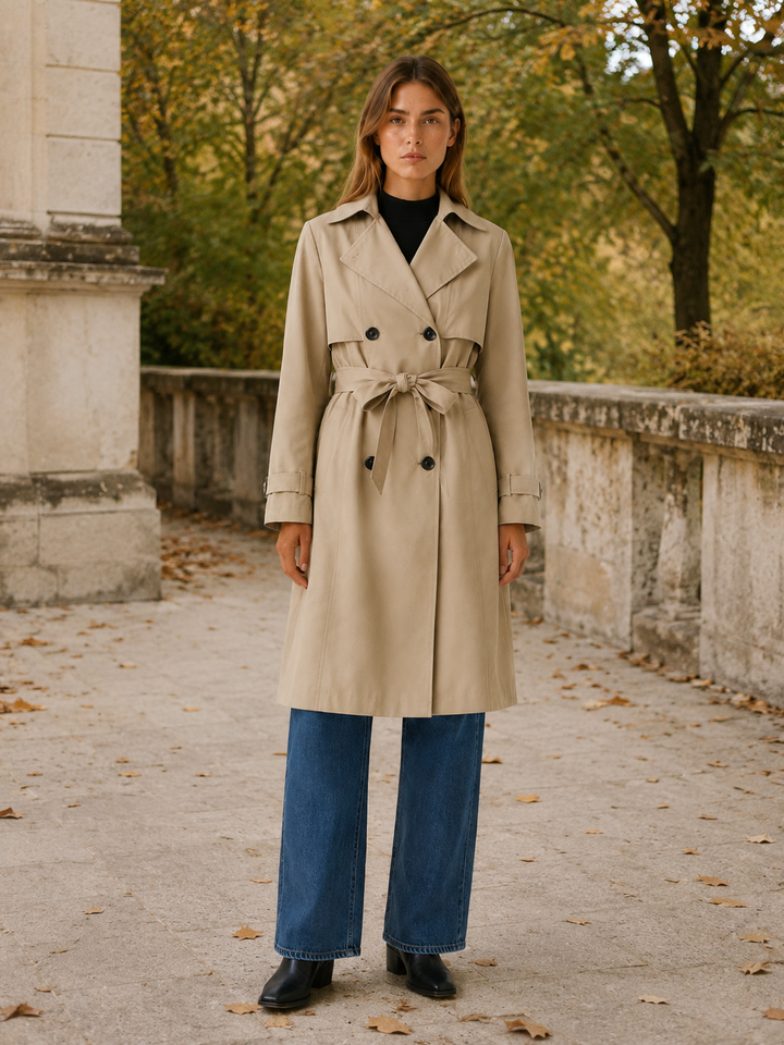Melisande™ | Long Double-Breasted Trench with Tie Waist