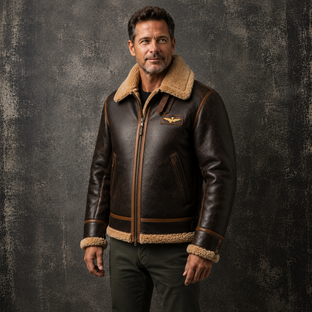 Leather Aviator Jacket with Shearling Collar in Dark Brown