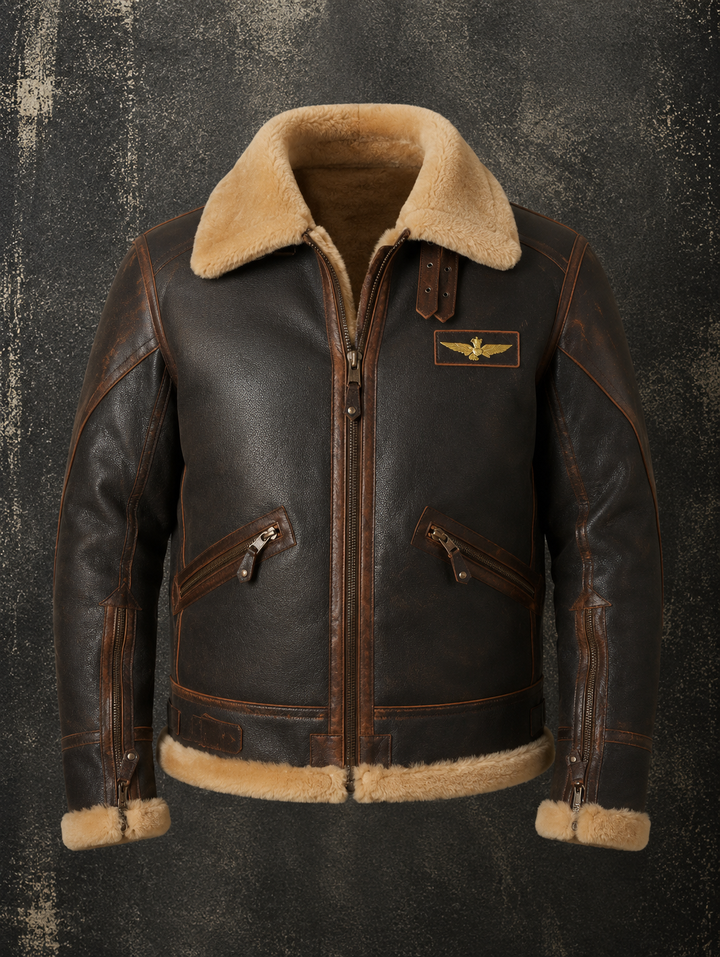 Leather Aviator Jacket with Shearling Collar in Dark Brown