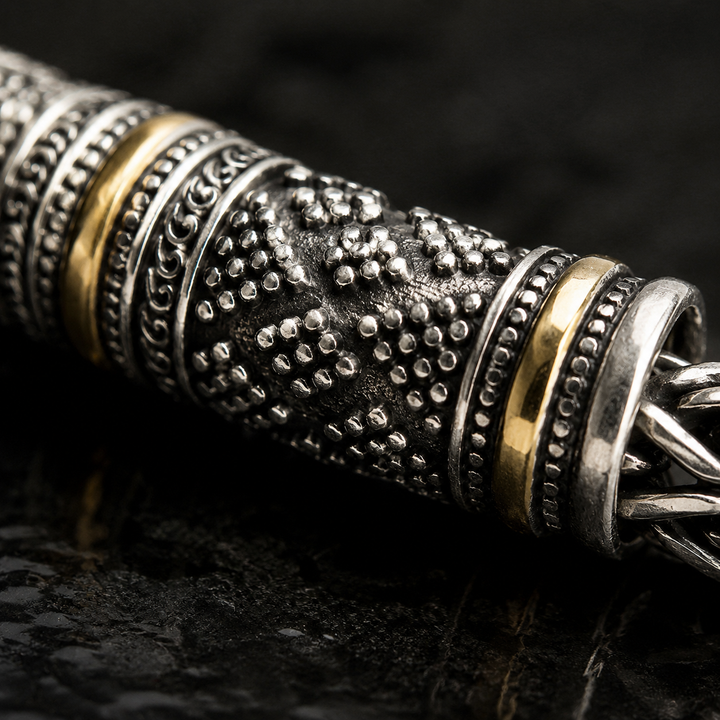 Men's Retro Engraved Wheat Chain Bracelet with Gold-Tone Accents