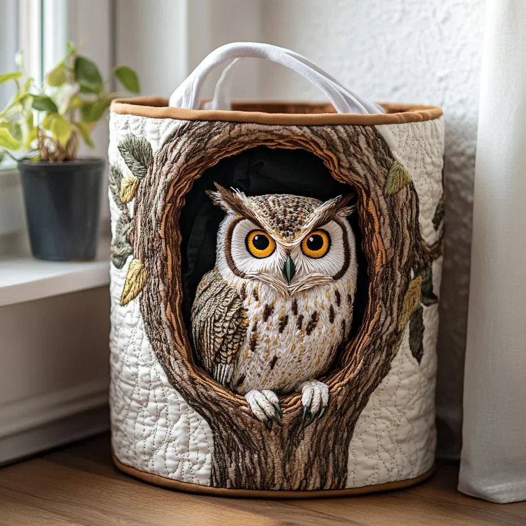 Owl in a Tree Hollow Laundry Basket – Quilted Collapsible Fabric Storage Hamper with Handles