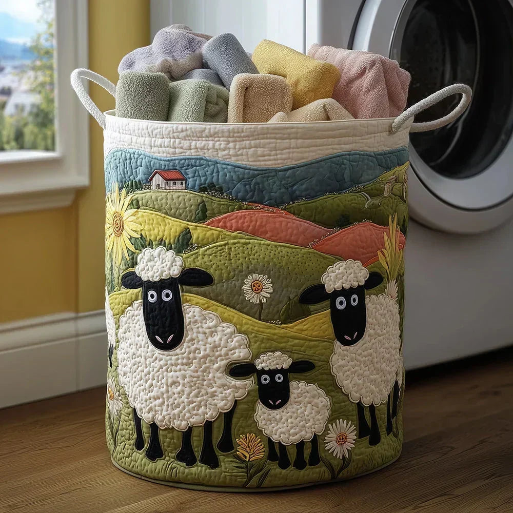 Sheep and Cottage Hills Laundry Basket – Quilted Collapsible Fabric Storage Hamper with Handles