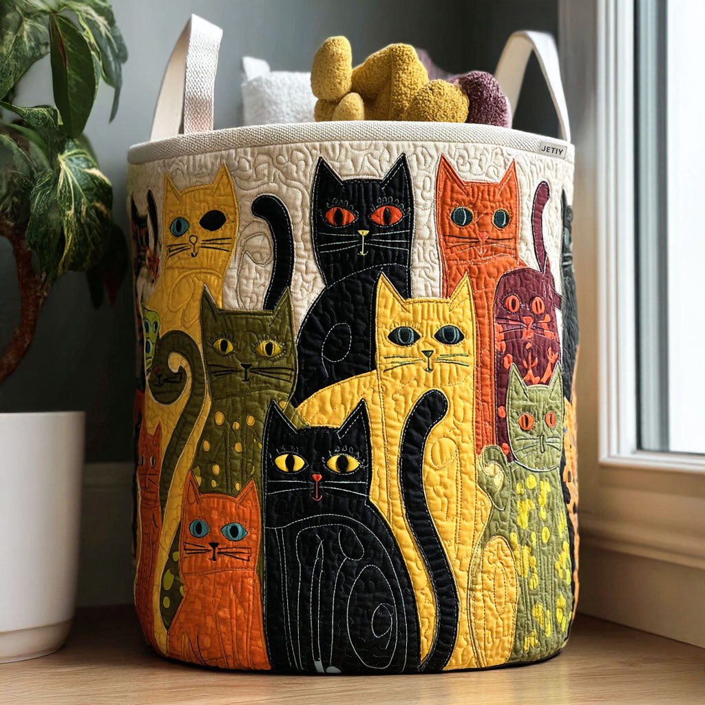 Folk Art Cats Laundry Basket – Quilted Collapsible Fabric Storage Hamper with Handles