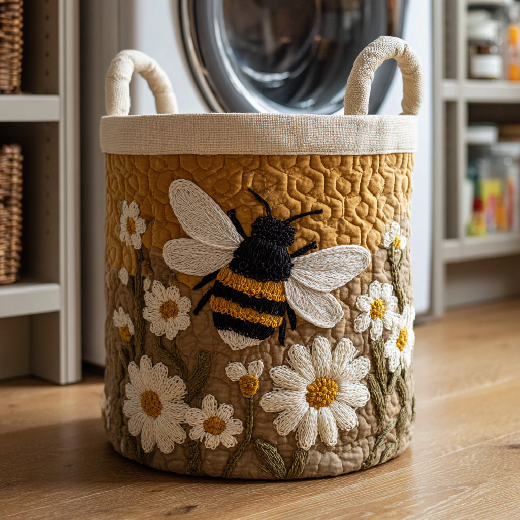 Bumblebee and Daisies Laundry Basket – Quilted Collapsible Fabric Storage Hamper with Handles