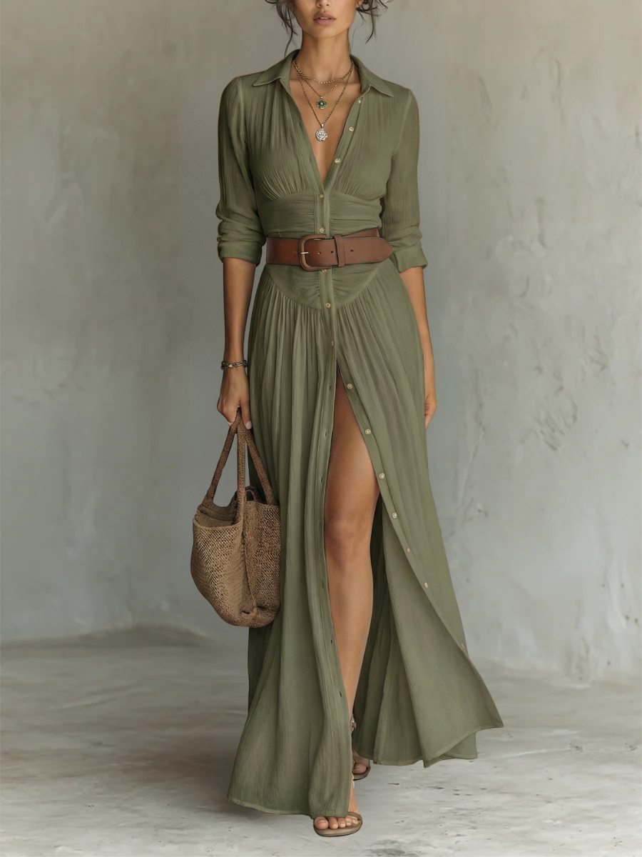 Long Maxi Dress with Notched Collar and Long Sleeves in Linen for Women