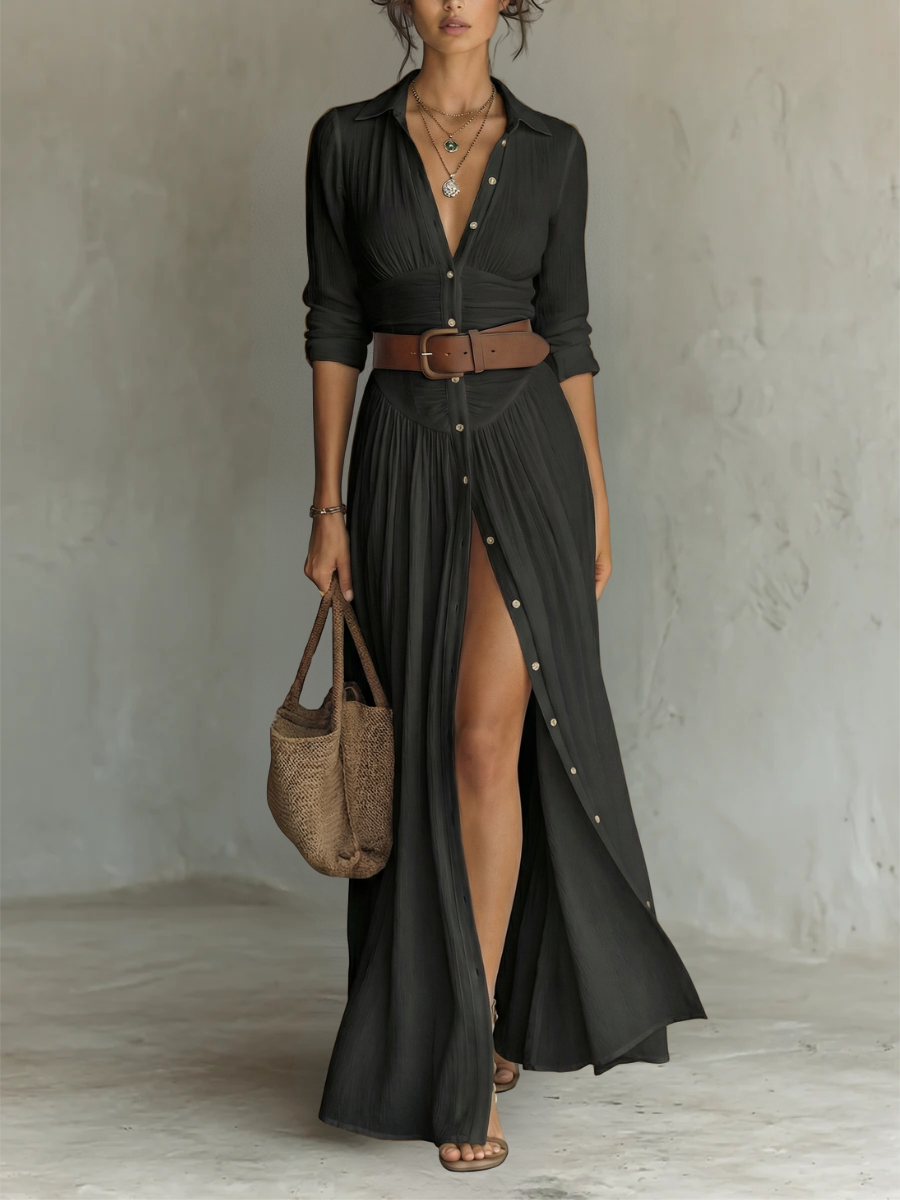 Long Maxi Dress with Notched Collar and Long Sleeves in Linen for Women