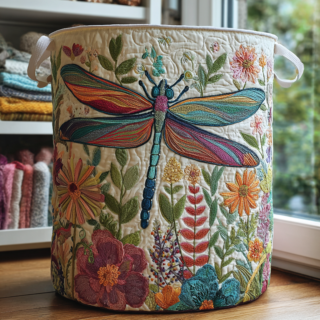Dragonfly Garden Laundry Basket – Quilted Collapsible Fabric Storage Hamper with Handles
