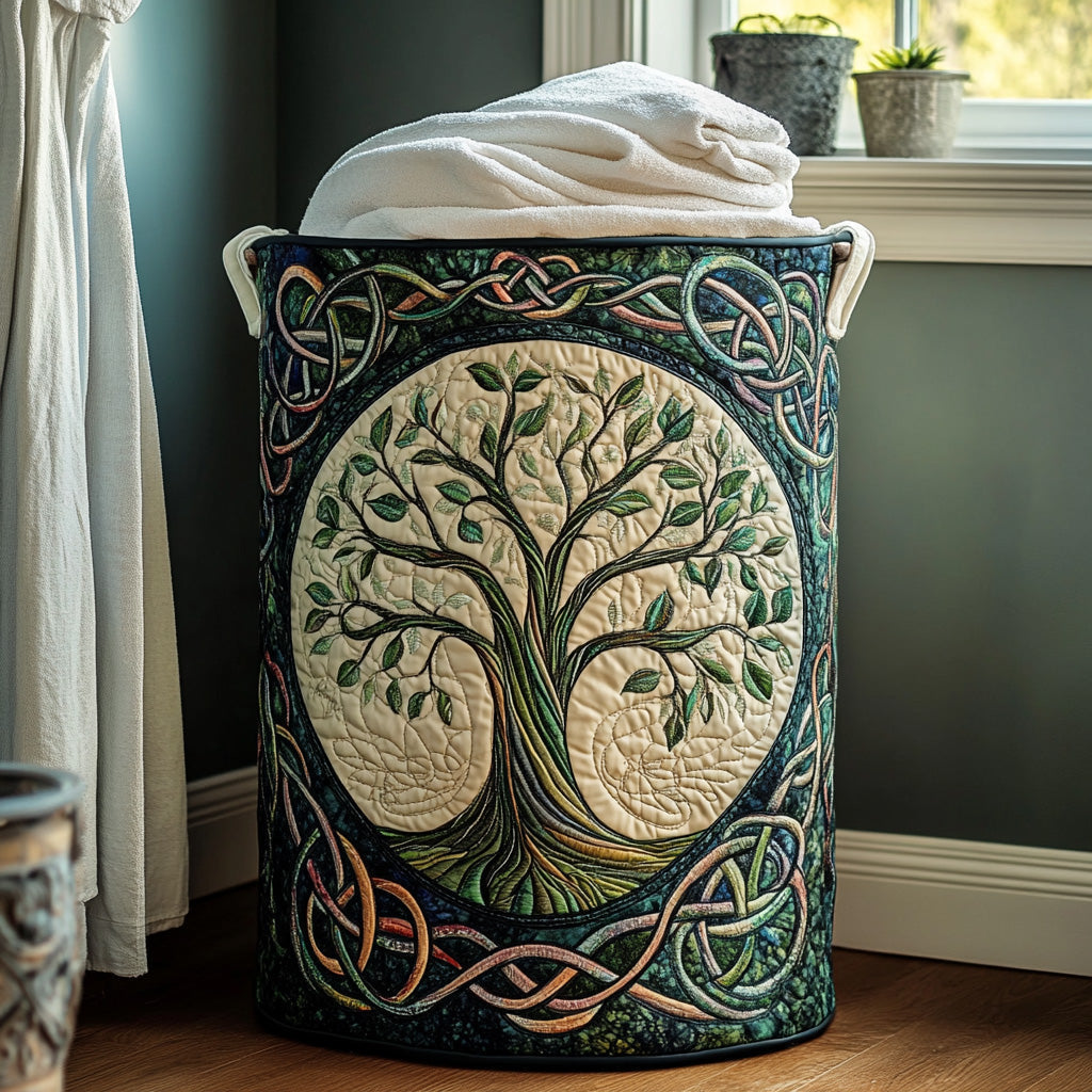 Celtic Tree of Life Laundry Basket – Quilted Collapsible Fabric Storage Hamper with Handles
