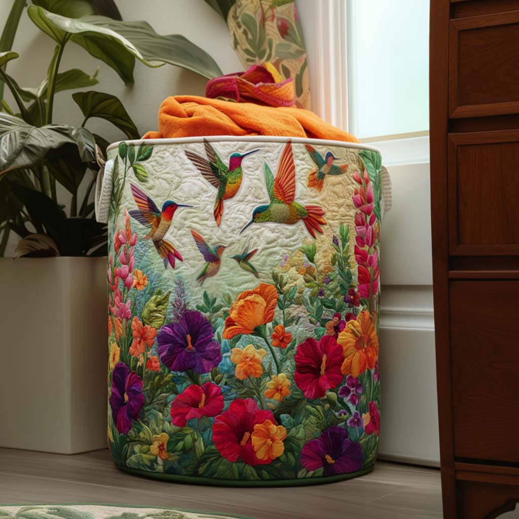 Hummingbirds and Blooms Laundry Basket – Quilted Collapsible Fabric Storage Hamper with Handles