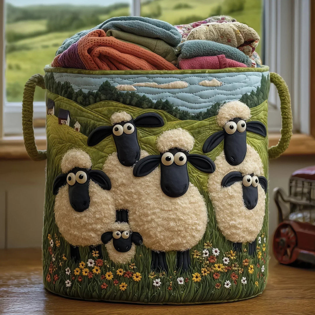 Sheep in a Flower Meadow Laundry Basket – Quilted Collapsible Fabric Storage Hamper with Handles